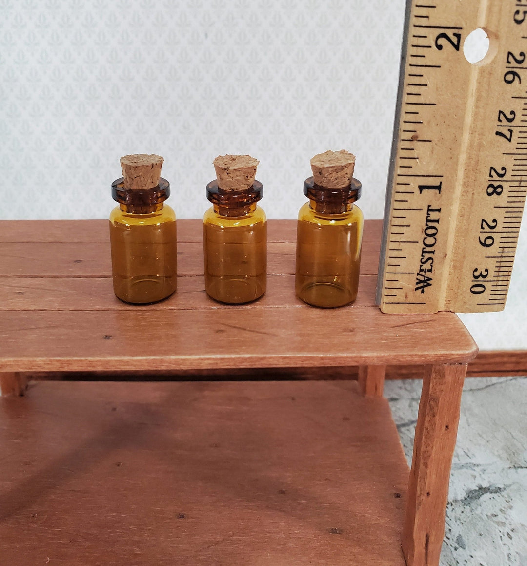 Miniature Amber Glass Jars Bottles Cork Stoppers x3 Apothecary Potions 1 1/8" Tall - Miniature Crush