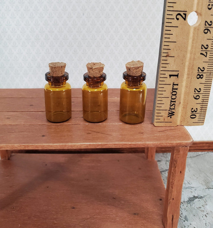 Miniature Amber Glass Jars Bottles Cork Stoppers x3 Apothecary Potions 1 1/8" Tall - Miniature Crush