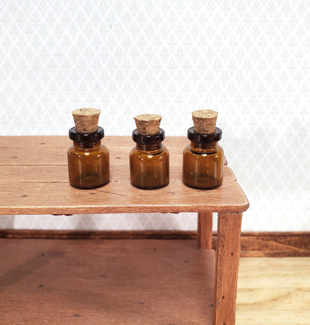 Miniature Amber Glass Jars Bottles Cork Stoppers x3 Apothecary Potions 11/16" - Miniature Crush