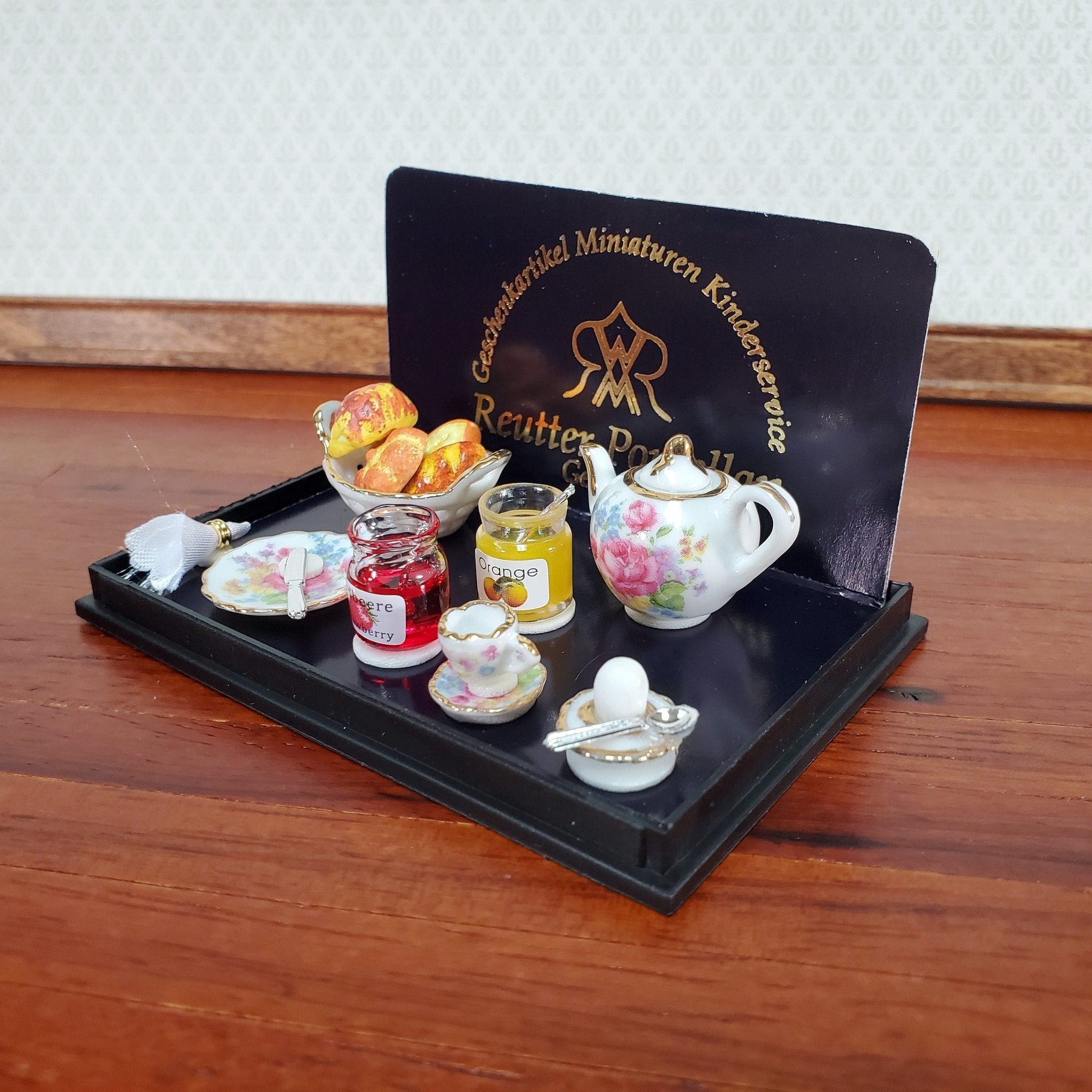 Miniature Breakfast Tea Set Reutter Porcelain Bread Jam Teapot 1