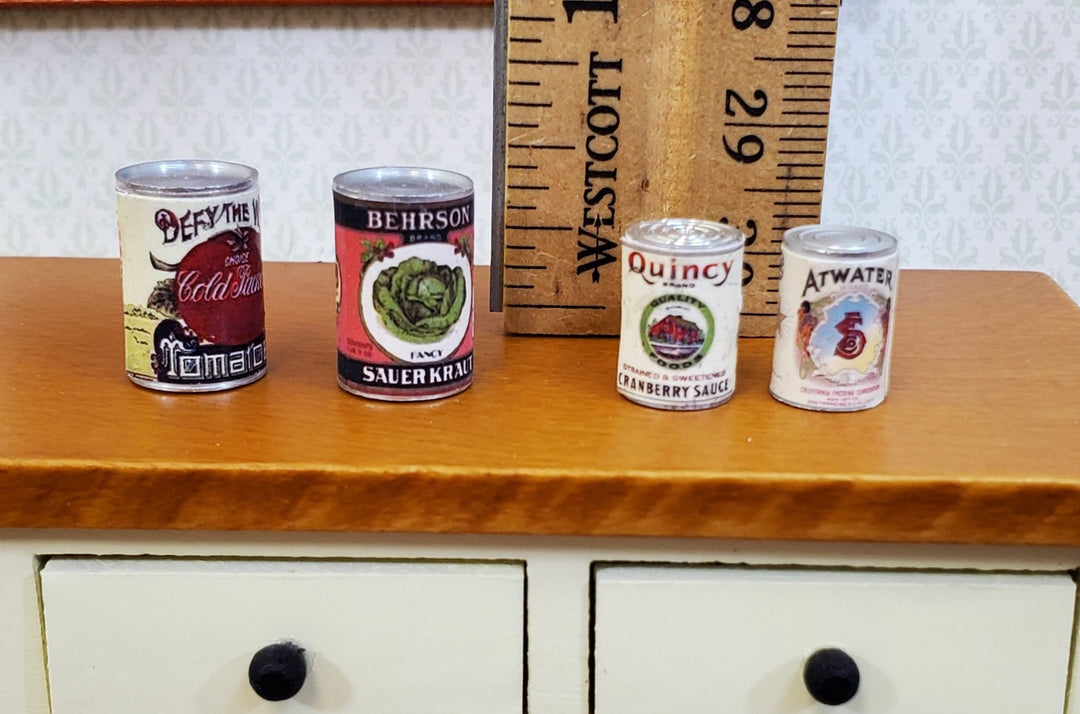 Miniature Canned Goods x4 Old Fashion Grocery Store Cans 1:12 Scale Dollhouse Food - Miniature Crush