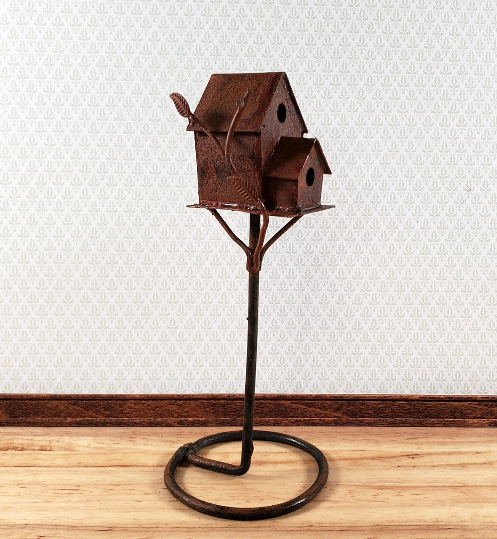 Miniature Double Birdhouse on Stand Rusted Distressed Metal 1:12 Scale Fairy Garden - Miniature Crush