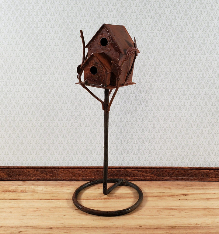 Miniature Double Birdhouse on Stand Rusted Distressed Metal 1:12 Scale Fairy Garden - Miniature Crush