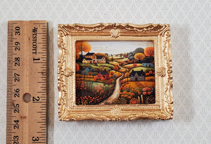 Miniature Folk Art Framed Art Print Houses Trees Hills 1:12 Scale Dollhouse - Miniature Crush