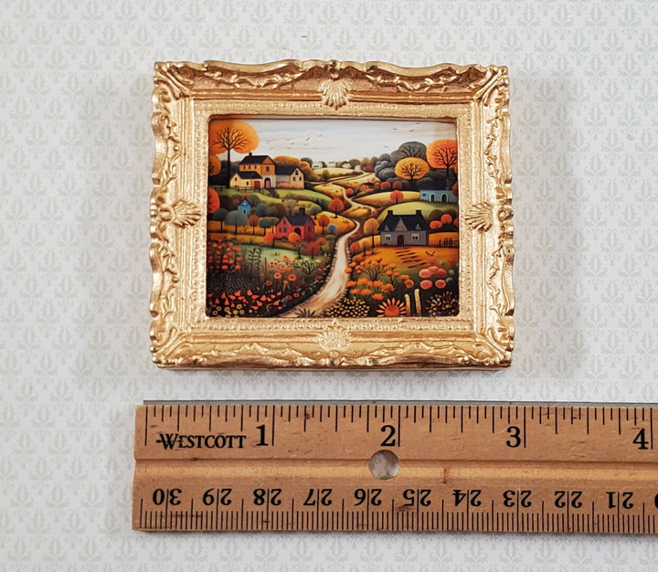 Miniature Folk Art Framed Art Print Houses Trees Hills 1:12 Scale Dollhouse - Miniature Crush