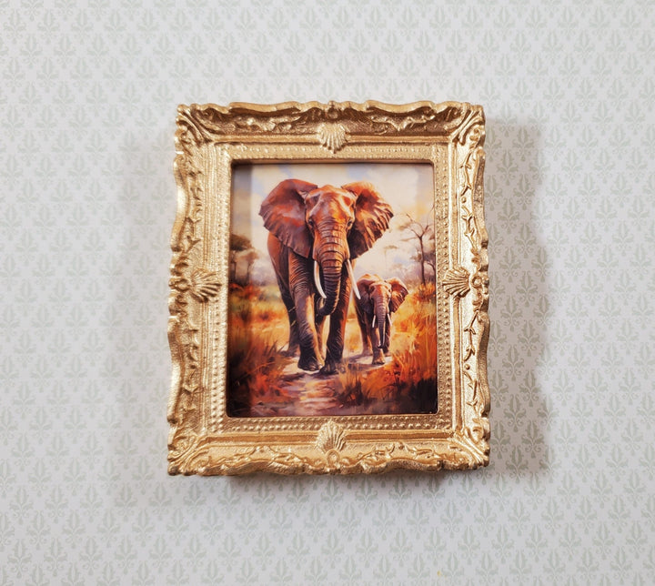 Miniature Framed Art Print Elephant with Calf Gold Frame 1:12 Scale Dollhouse - Miniature Crush