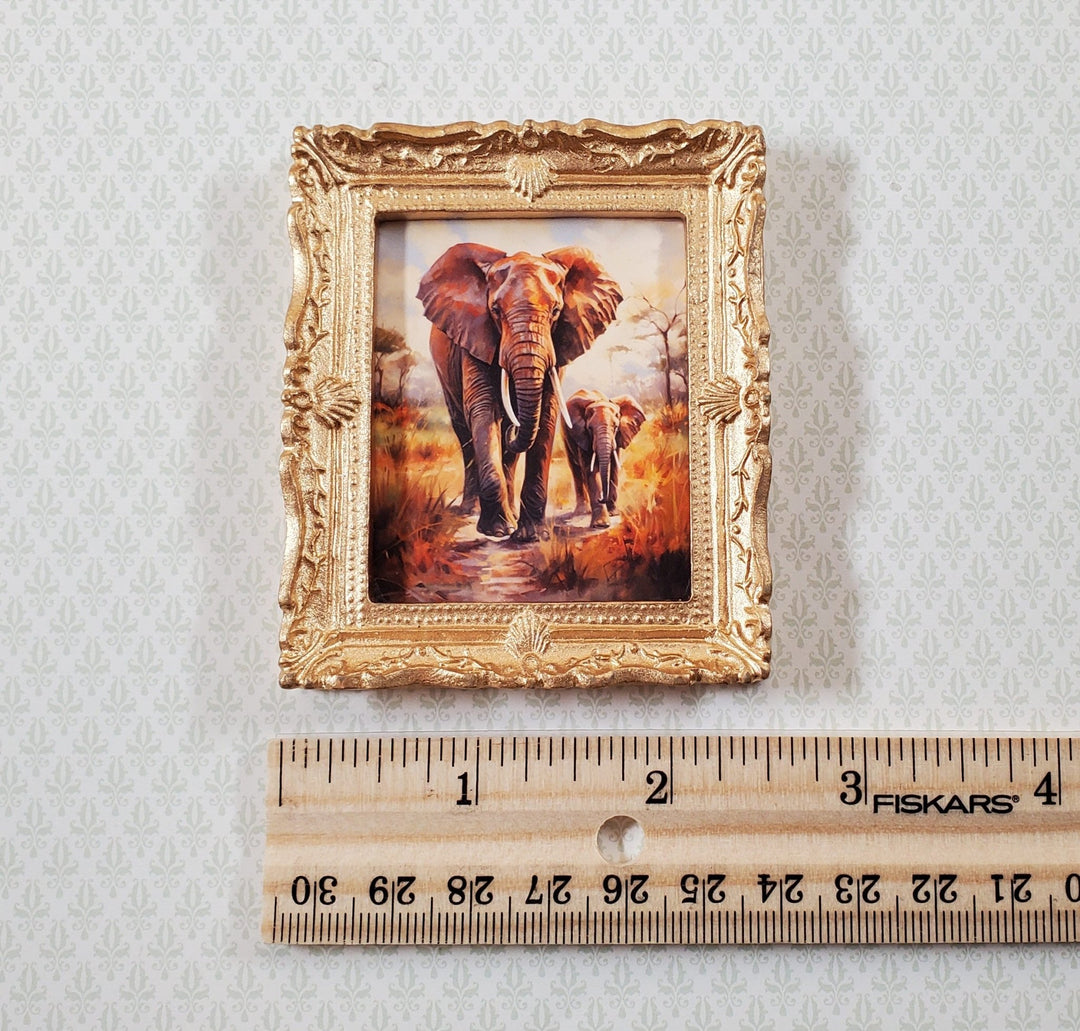 Miniature Framed Art Print Elephant with Calf Gold Frame 1:12 Scale Dollhouse - Miniature Crush