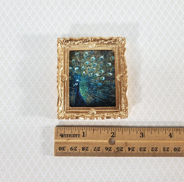 Miniature Framed Peacock Print 1:12 Scale Dollhouse Large Fancy Gold Frame - Miniature Crush