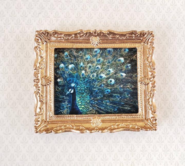 Miniature Framed Peacock Print 1:12 Scale for Dollhouse Fancy Gold Frame - Miniature Crush