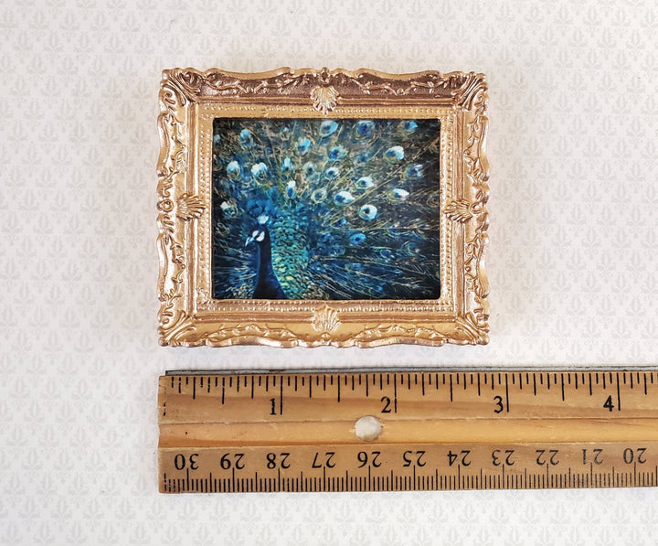 Miniature Framed Peacock Print 1:12 Scale for Dollhouse Fancy Gold Frame - Miniature Crush