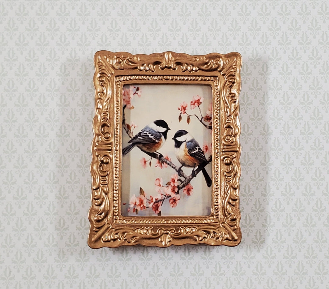 Miniature Framed Print Chickadees Birds on Cherry Branch 1:12 Scale Gold Frame - Miniature Crush