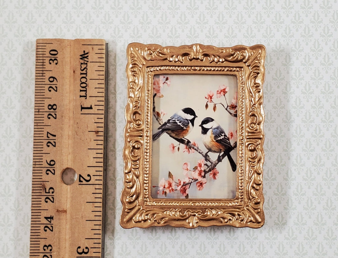 Miniature Framed Print Chickadees Birds on Cherry Branch 1:12 Scale Gold Frame - Miniature Crush