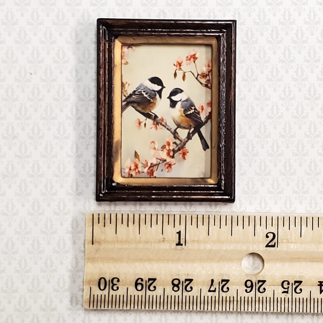 Miniature Framed Print Chickadees Birds on Cherry Branch 1:12 Scale Wood Frame - Miniature Crush