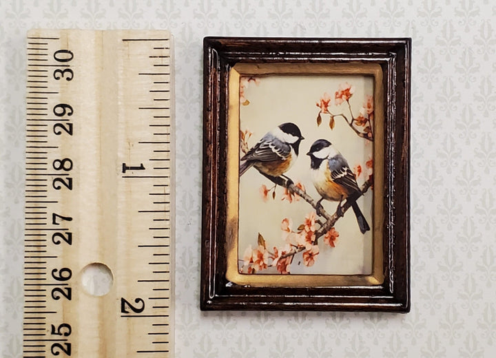 Miniature Framed Print Chickadees Birds on Cherry Branch 1:12 Scale Wood Frame - Miniature Crush