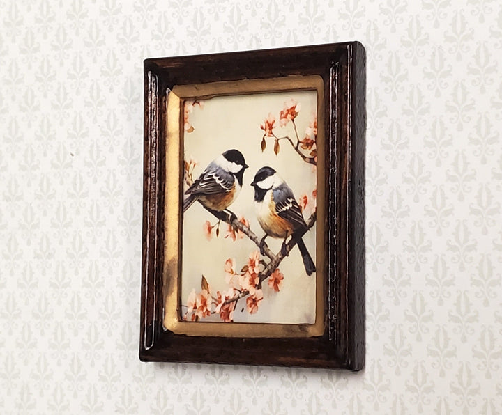 Miniature Framed Print Chickadees Birds on Cherry Branch 1:12 Scale Wood Frame - Miniature Crush