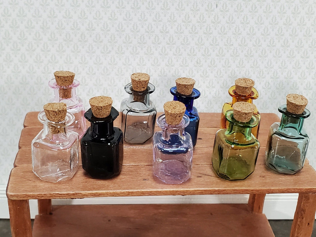 Miniature Glass Jars Bottles Cork Stoppers x9 Apothecary Square Bottom 1" Tall Multiple Colors - Miniature Crush