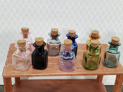 Miniature Glass Jars Bottles Cork Stoppers x9 Apothecary Square Bottom 1" Tall Multiple Colors - Miniature Crush