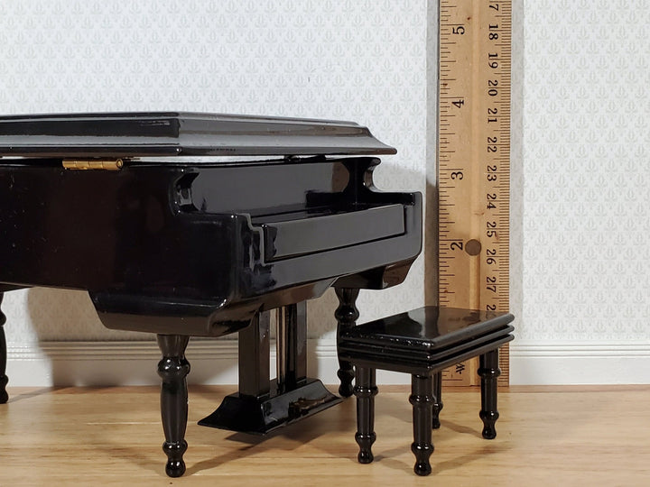 Miniature Grand Piano with Bench Seat Instrument 1:12 Scale Dollhouse Black Finish - Miniature Crush