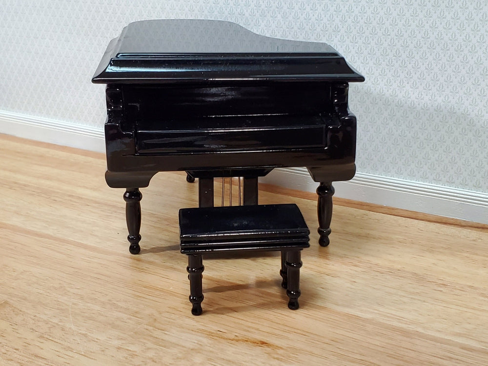 Miniature Grand Piano with Bench Seat Instrument 1:12 Scale Dollhouse Black Finish - Miniature Crush