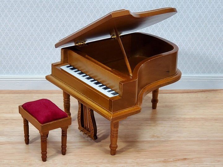 Miniature Grand Piano with Bench Seat Wood Instrument 1:12 Scale Dollhouse Walnut Finish - Miniature Crush