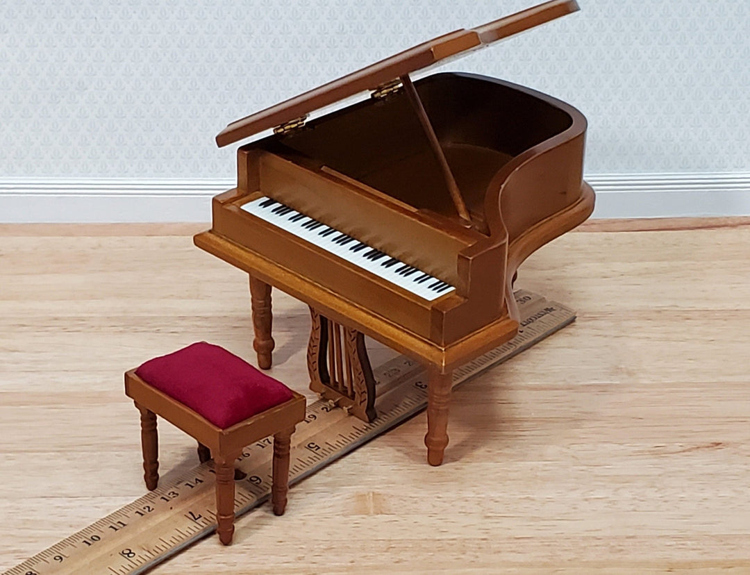 Miniature Grand Piano with Bench Seat Wood Instrument 1:12 Scale Dollhouse Walnut Finish - Miniature Crush
