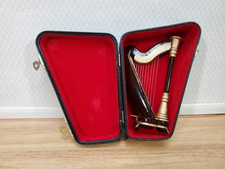 Miniature Harp with Case Wood 2 3/16" 1:12 Scale Instrument Dollhouse Music Room - Miniature Crush