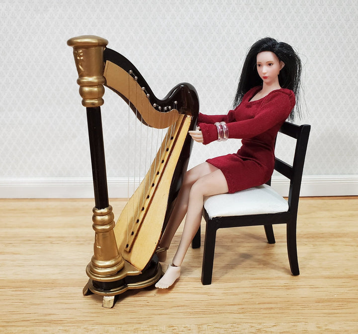 Miniature Harp with Case Wood 2 3/16" 1:12 Scale Instrument Dollhouse Music Room - Miniature Crush