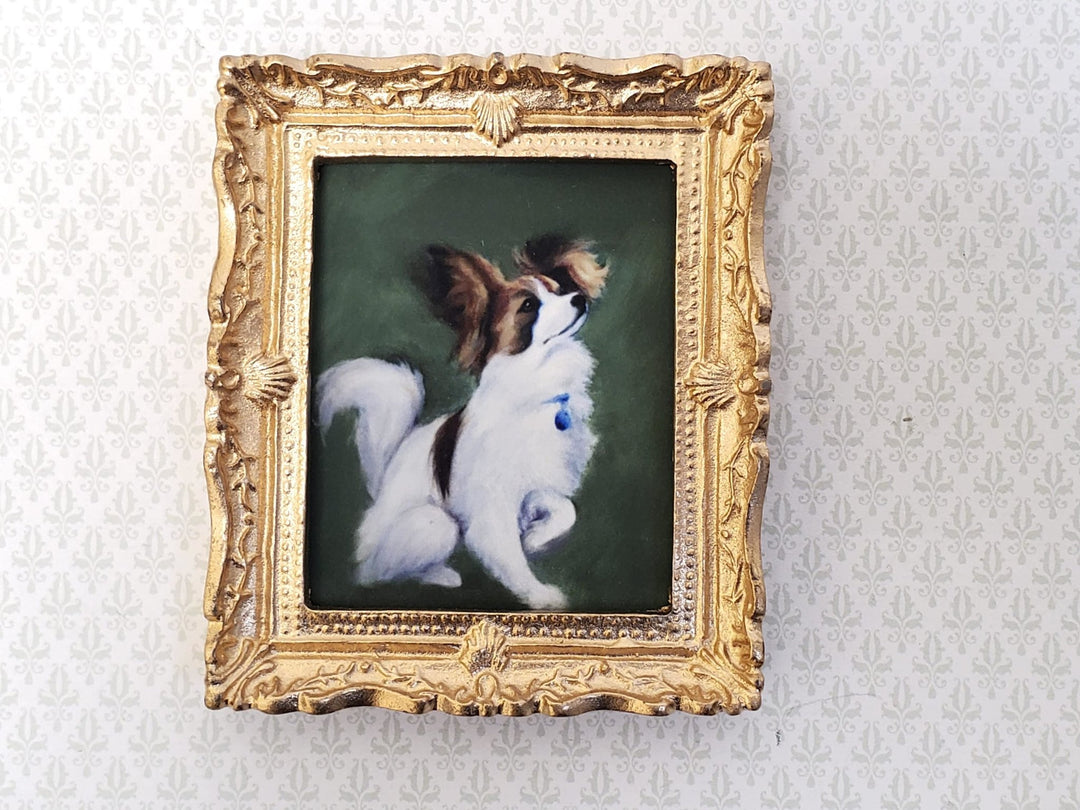 Miniature Papillion Framed Dog Print from Original Art Fits 1:12 Scale Dollhouses Gold Frame - Miniature Crush