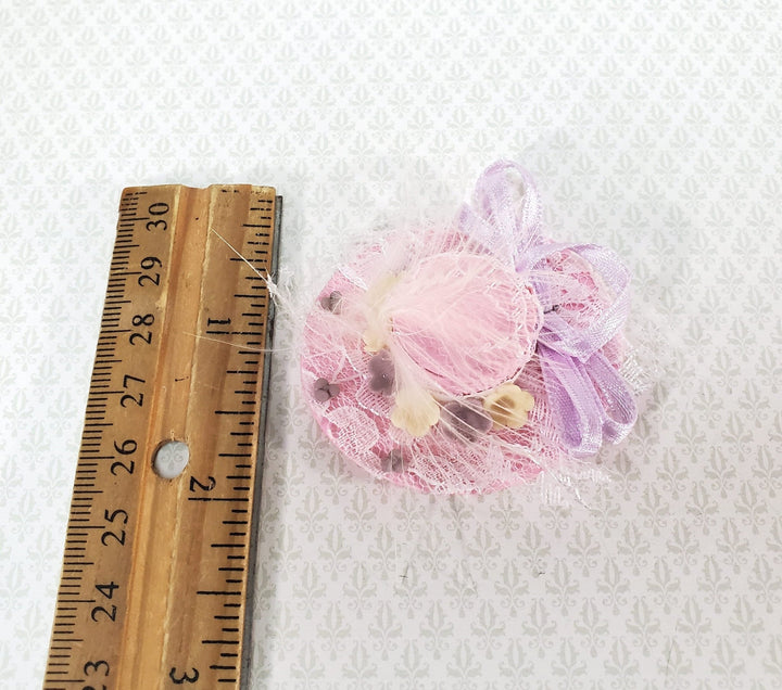 Miniature Pink Hat with Feather Lace & Flowers 1:12 Scale Dollhouse Decor - Miniature Crush