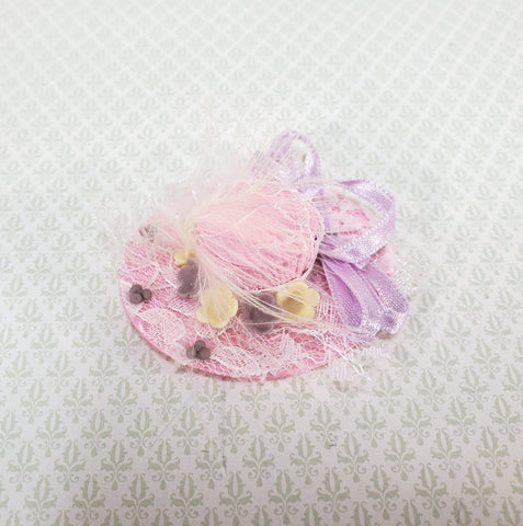 Miniature Pink Hat with Feather Lace & Flowers 1:12 Scale Dollhouse Decor - Miniature Crush