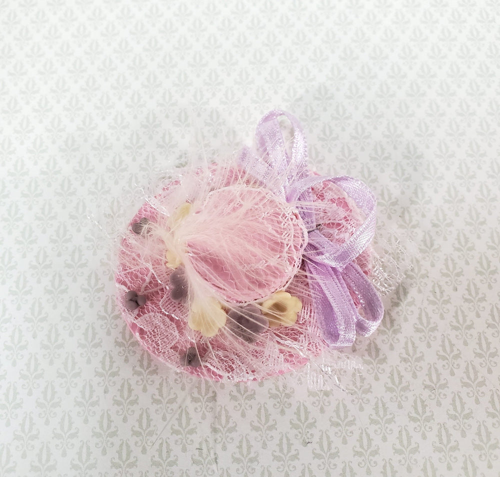 Miniature Pink Hat with Feather Lace & Flowers 1:12 Scale Dollhouse Decor - Miniature Crush