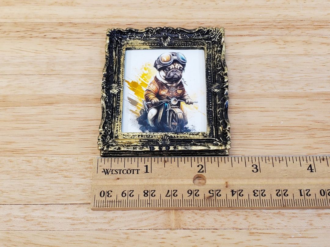 Miniature Pug on a Motorcycle with Goggles Framed Print Dog 1:12 Scale Dollhouse - Miniature Crush