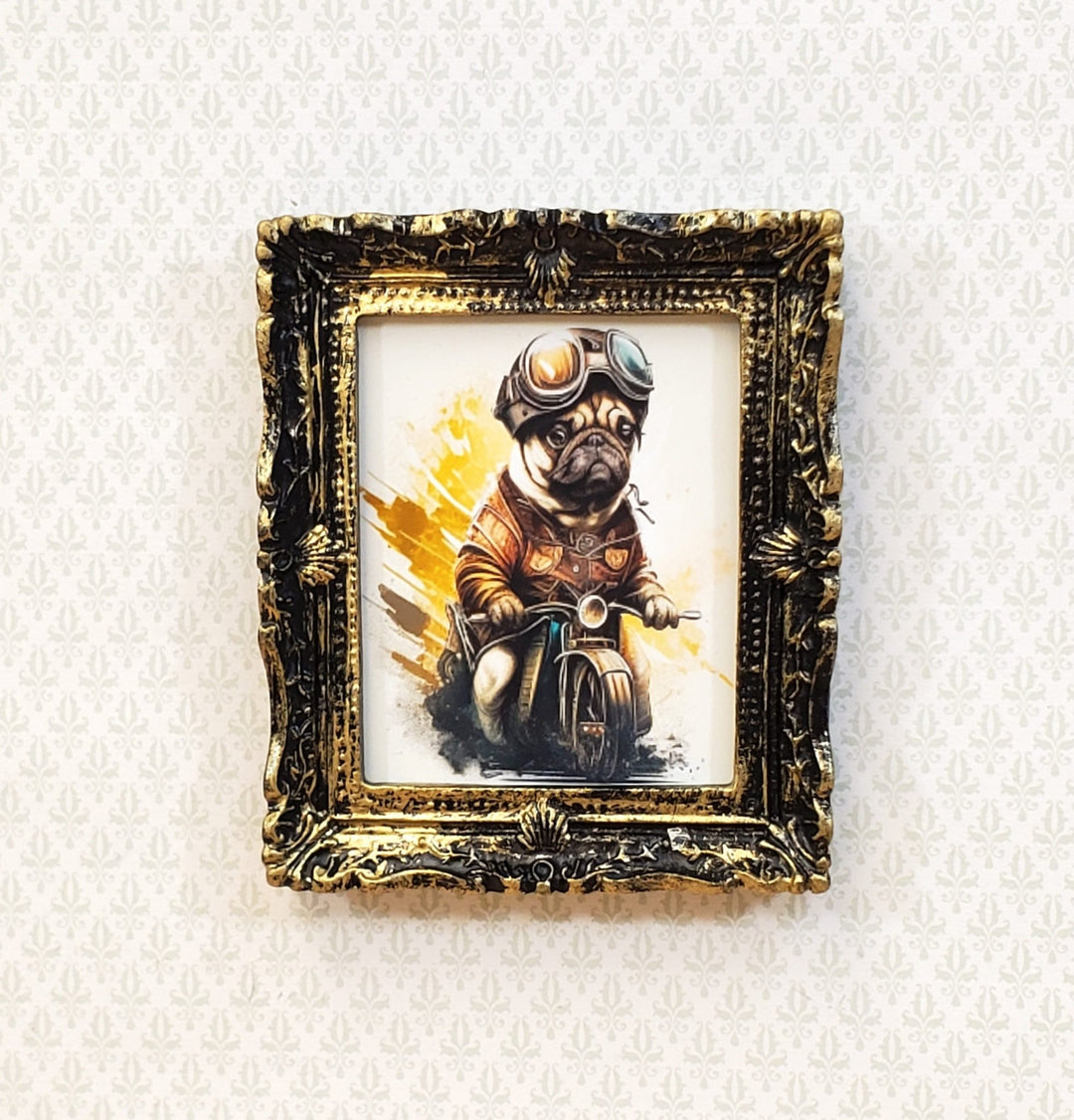 Miniature Pug on a Motorcycle with Goggles Framed Print Dog 1:12 Scale Dollhouse - Miniature Crush