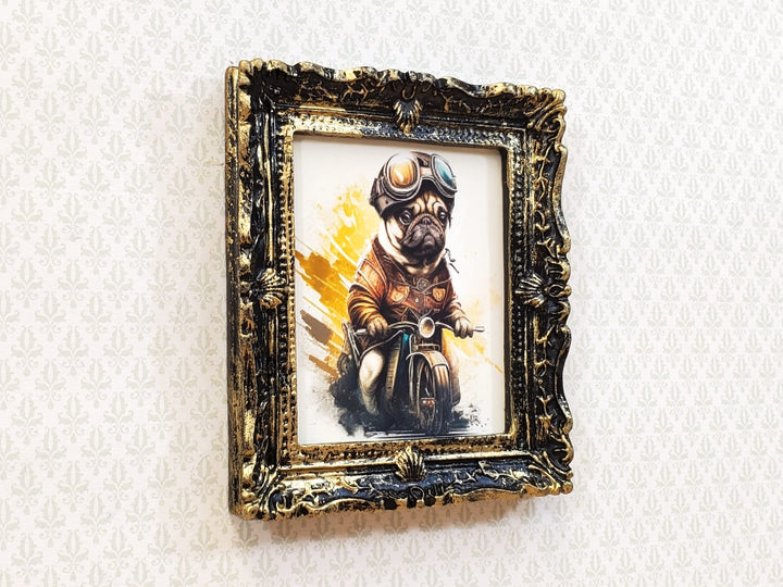 Miniature Pug on a Motorcycle with Goggles Framed Print Dog 1:12 Scale Dollhouse - Miniature Crush