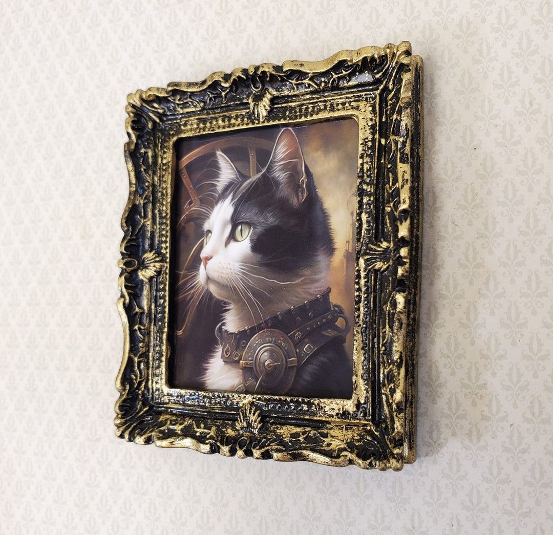 Miniature Steampunk Cat Framed Print Black & White Fur 1:12 Scale Miniature Picture - Miniature Crush