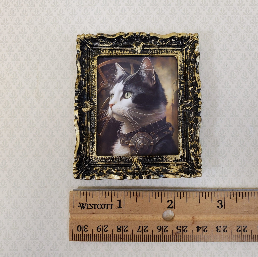 Miniature Steampunk Cat Framed Print Black & White Fur 1:12 Scale Miniature Picture - Miniature Crush