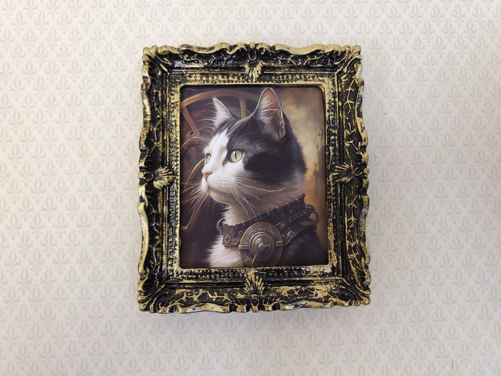 Miniature Steampunk Cat Framed Print Black & White Fur 1:12 Scale Miniature Picture - Miniature Crush