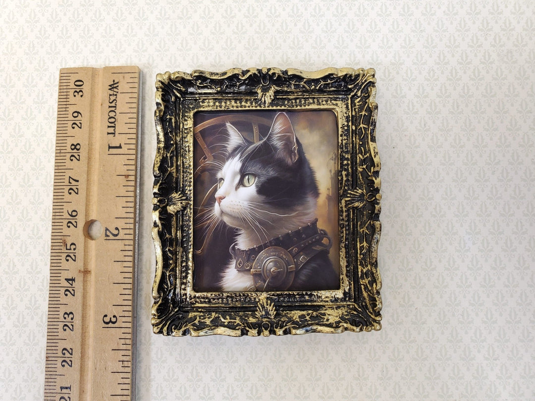 Miniature Steampunk Cat Framed Print Black & White Fur 1:12 Scale Miniature Picture - Miniature Crush