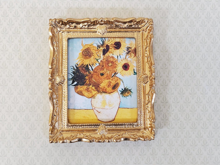 Miniature Sunflowers by Vincent Van Gogh Framed Print Blue Background 1:12 Scale Handmade - Miniature Crush