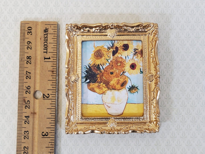 Miniature Sunflowers by Vincent Van Gogh Framed Print Blue Background 1:12 Scale Handmade - Miniature Crush