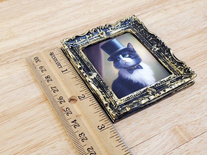Miniature Tuxedo Cat Framed Print with Top Hat Bow Tie 1:12 Scale Miniature Picture - Miniature Crush