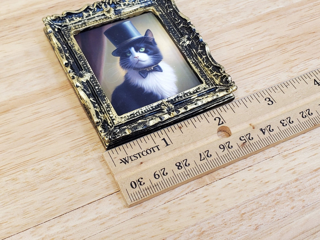 Miniature Tuxedo Cat Framed Print with Top Hat Bow Tie 1:12 Scale Miniature Picture - Miniature Crush