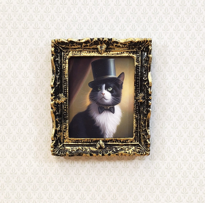 Miniature Tuxedo Cat Framed Print with Top Hat Bow Tie 1:12 Scale Miniature Picture - Miniature Crush