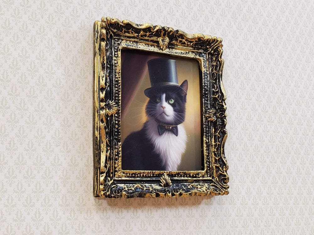 Miniature Tuxedo Cat Framed Print with Top Hat Bow Tie 1:12 Scale Miniature Picture - Miniature Crush