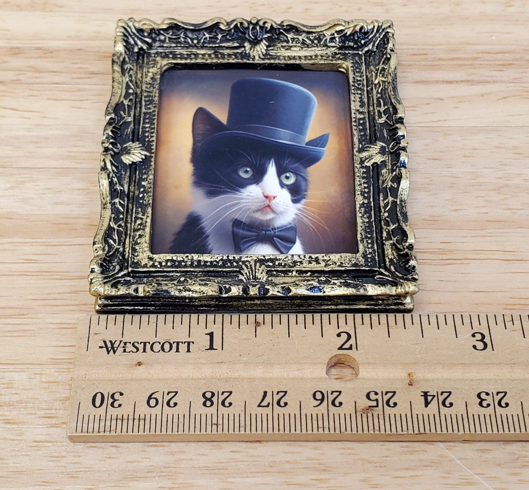 Miniature Tuxedo Cat Profile Framed Print with Top Hat Bow Tie 1:12 Scale Miniature Picture - Miniature Crush