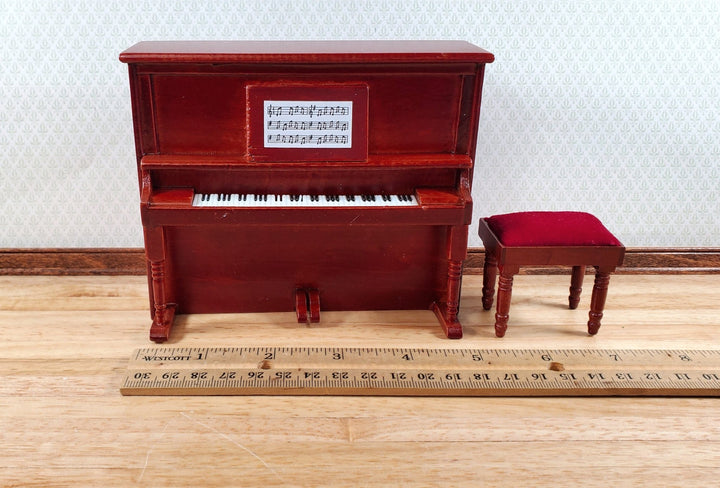 Miniature Upright Piano with Bench Seat Wood 1:12 Scale Mahogany Finish - Miniature Crush