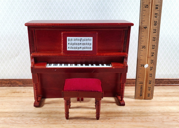 Miniature Upright Piano with Bench Seat Wood 1:12 Scale Mahogany Finish - Miniature Crush