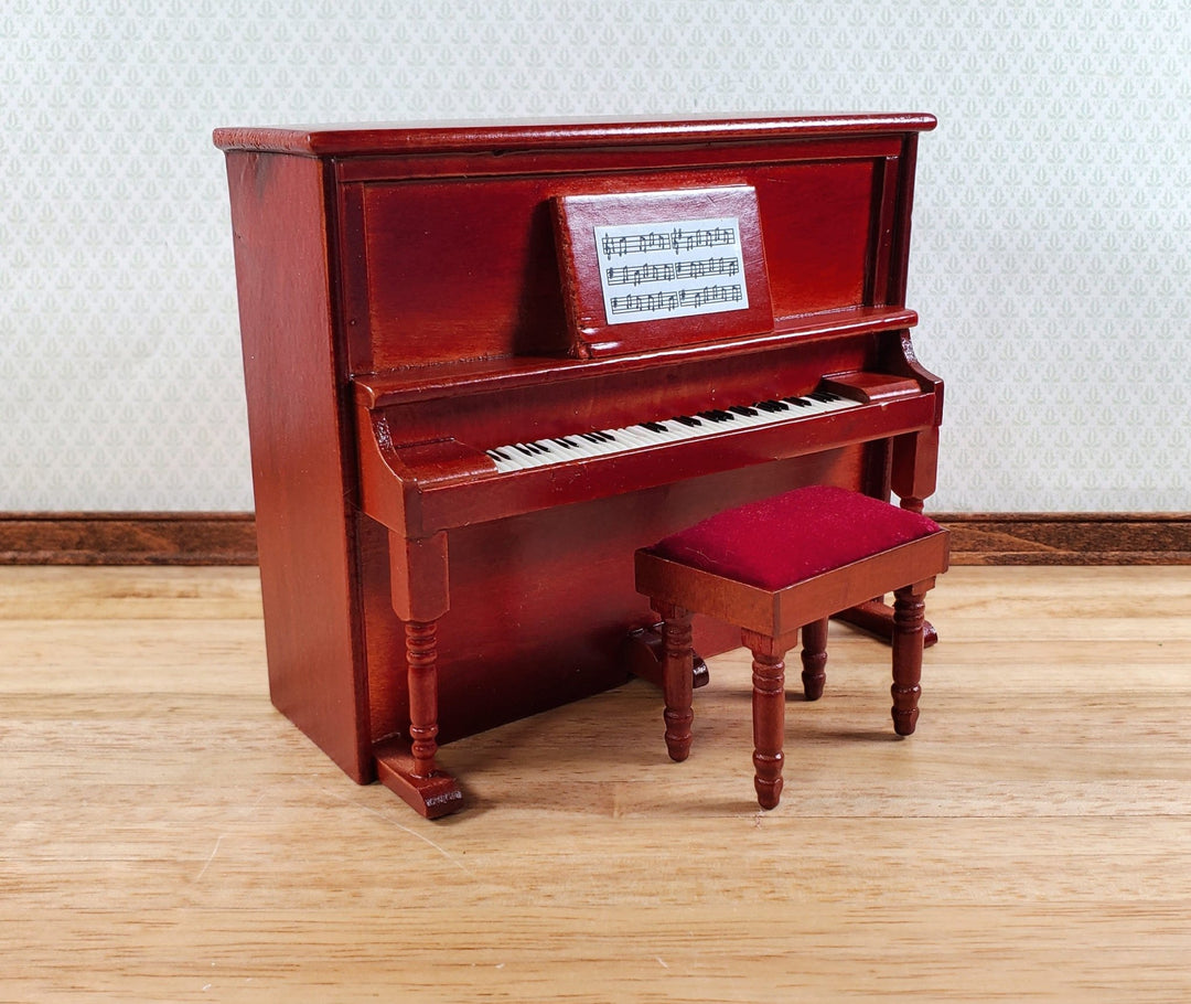 Miniature Upright Piano with Bench Seat Wood 1:12 Scale Mahogany Finish - Miniature Crush