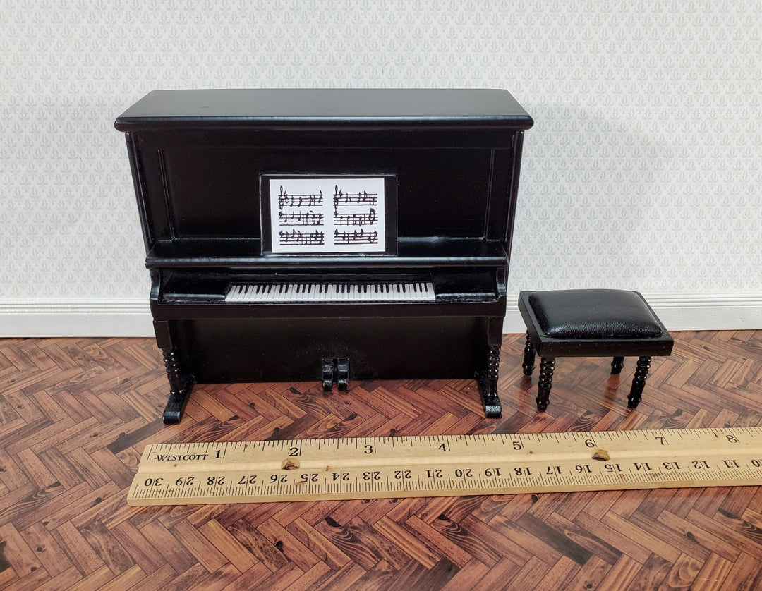 Miniature Upright Piano with Bench Seat Wood Instrument 1:12 Scale Dollhouse Black Finish - Miniature Crush
