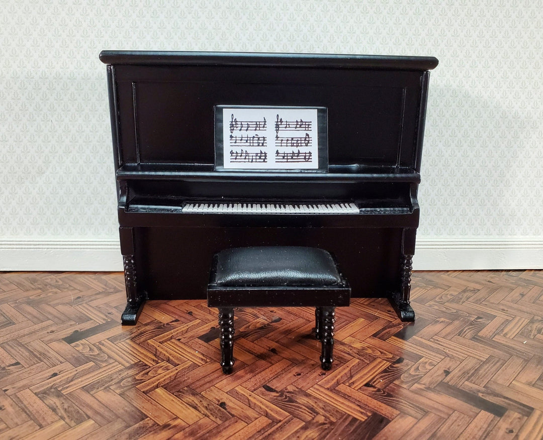 Miniature Upright Piano with Bench Seat Wood Instrument 1:12 Scale Dollhouse Black Finish - Miniature Crush